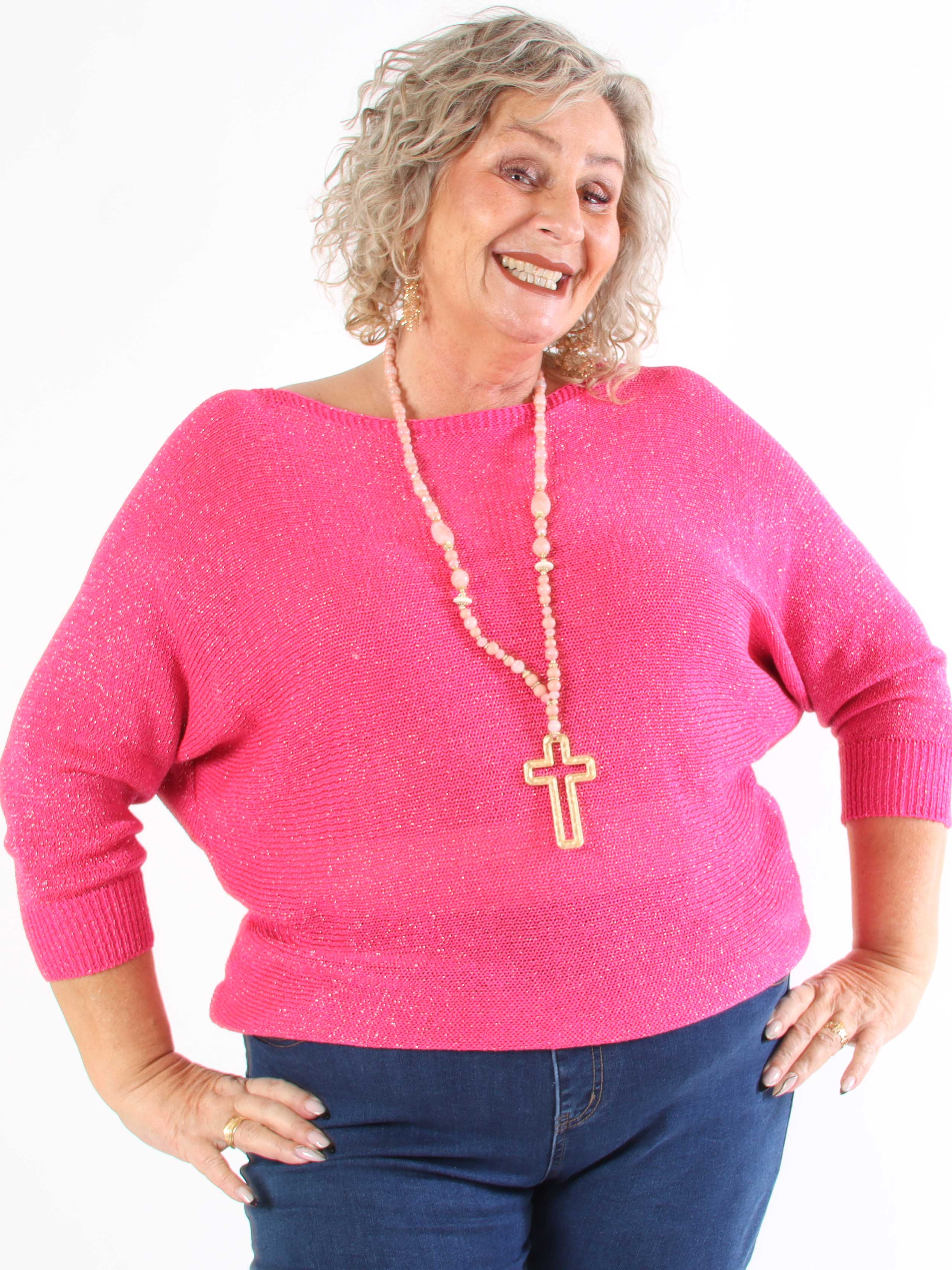 Paulina - Plus size strikbluse med glimmertråde og sløjfe